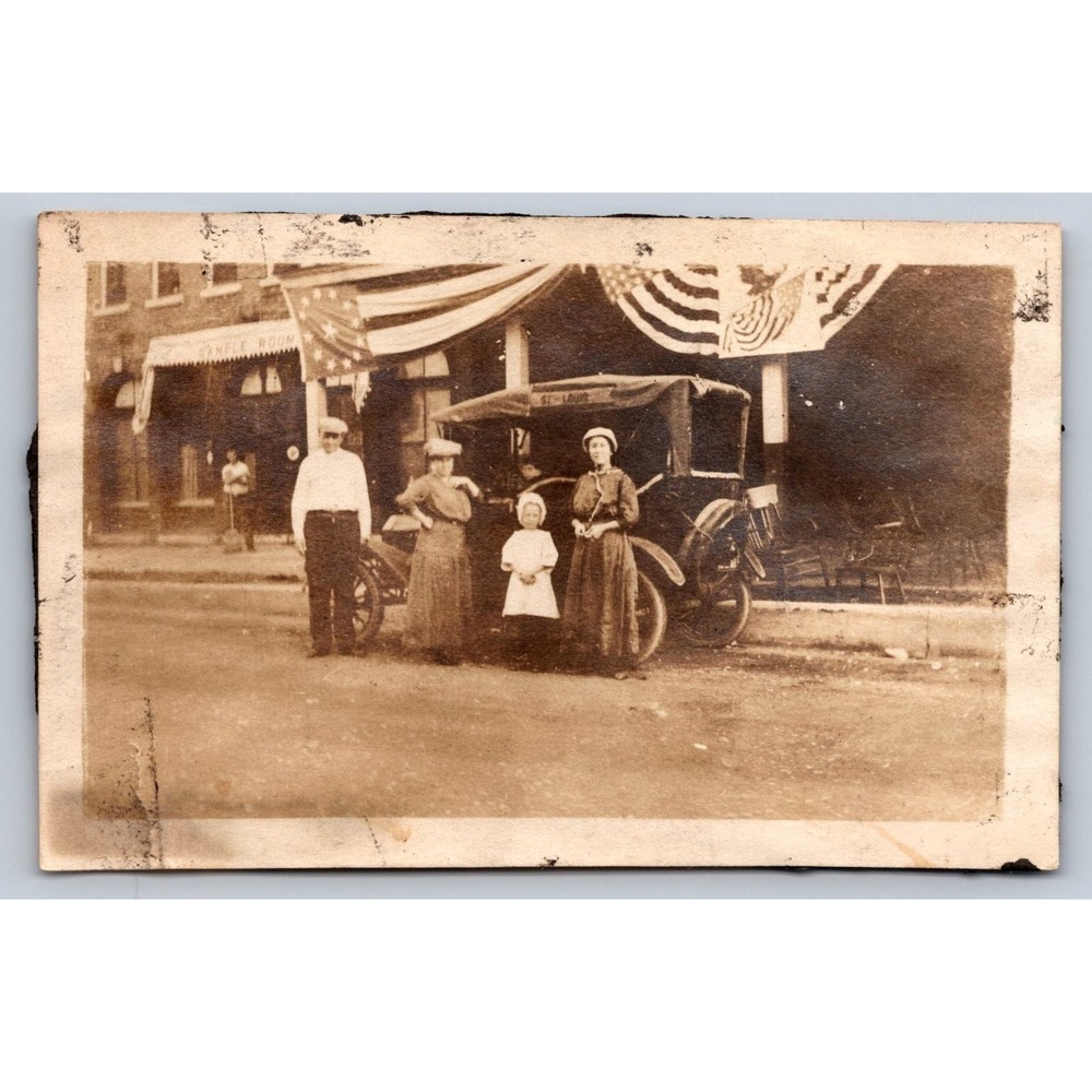 Early Automobile 1900s Snapshot Photograph St. Louis American Flags Street Scene